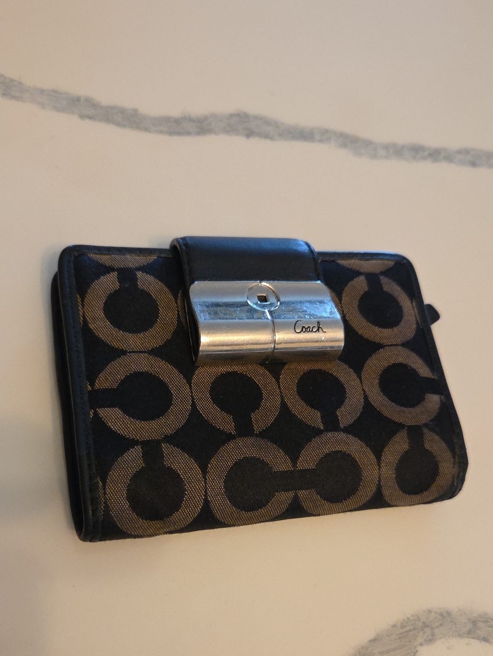 Coach Black and Brown Signature C Compact Wallet with Silver-Tone Clasp